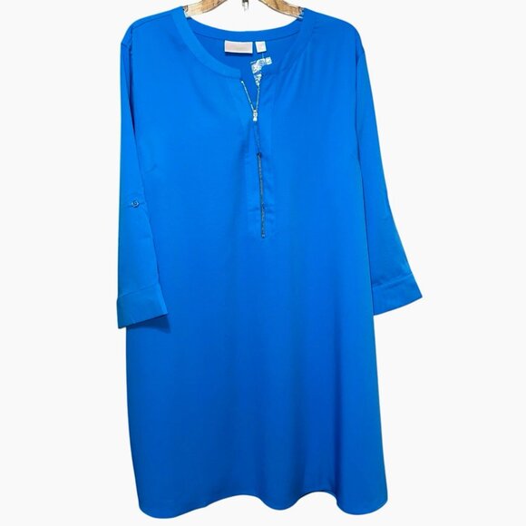 Belle by Kim Gravel Blue Tunic Dress XLP 1/4 Zip Neckline Roll Tab Sleeves NWOT - Picture 2 of 7